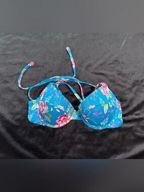 Shade & Shore Teal Floral Lined Bikini Top with Pink Trim